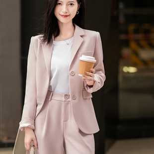 柒量一裁小个子淡粉色西装外套女秋季款高腰直筒休闲西裤套装1515