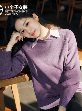 柒量一裁小个子女冬季新款紫色复古流行宽松圆领毛衣毛针织4107