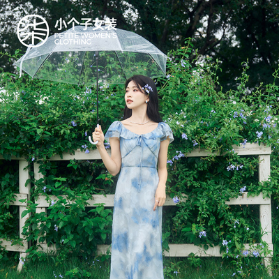 柒量一裁小个子小飞袖系带提花蓝色连衣裙女绝美优雅气质长裙0579