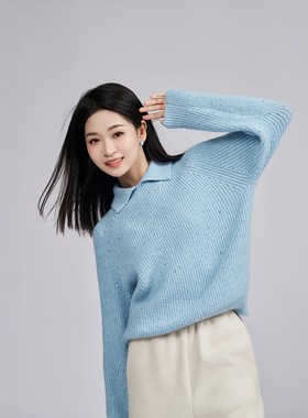 柒量一裁小个子2025 秋冬新款浅蓝色毛衣女宽松慵懒风针织衫3546