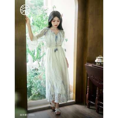 柒量一裁小个子优雅气质杏色碎花收腰显瘦连衣裙淑女风中长裙0501