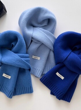 蓝色高级感100%羊毛围巾女秋冬季韩系氛围感保暖针织百搭围脖男