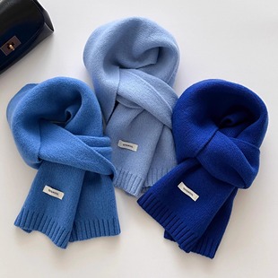 蓝色高级感100%羊毛围巾女秋冬季韩系氛围感保暖针织百搭围脖男