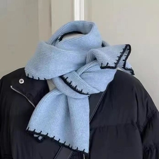 高级感蓝色仿羊绒软糯围巾女冬季韩系氛围感学生防寒保暖护颈围脖