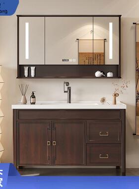新中式现代落地式卫生间洗漱台镜室柜组合一体盆复古灰色橡木单柜