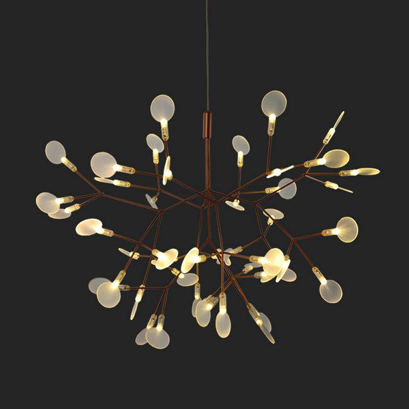 后现代创意个性铁艺LED萤火虫树枝吊灯简约独活亚克力树叶吊灯