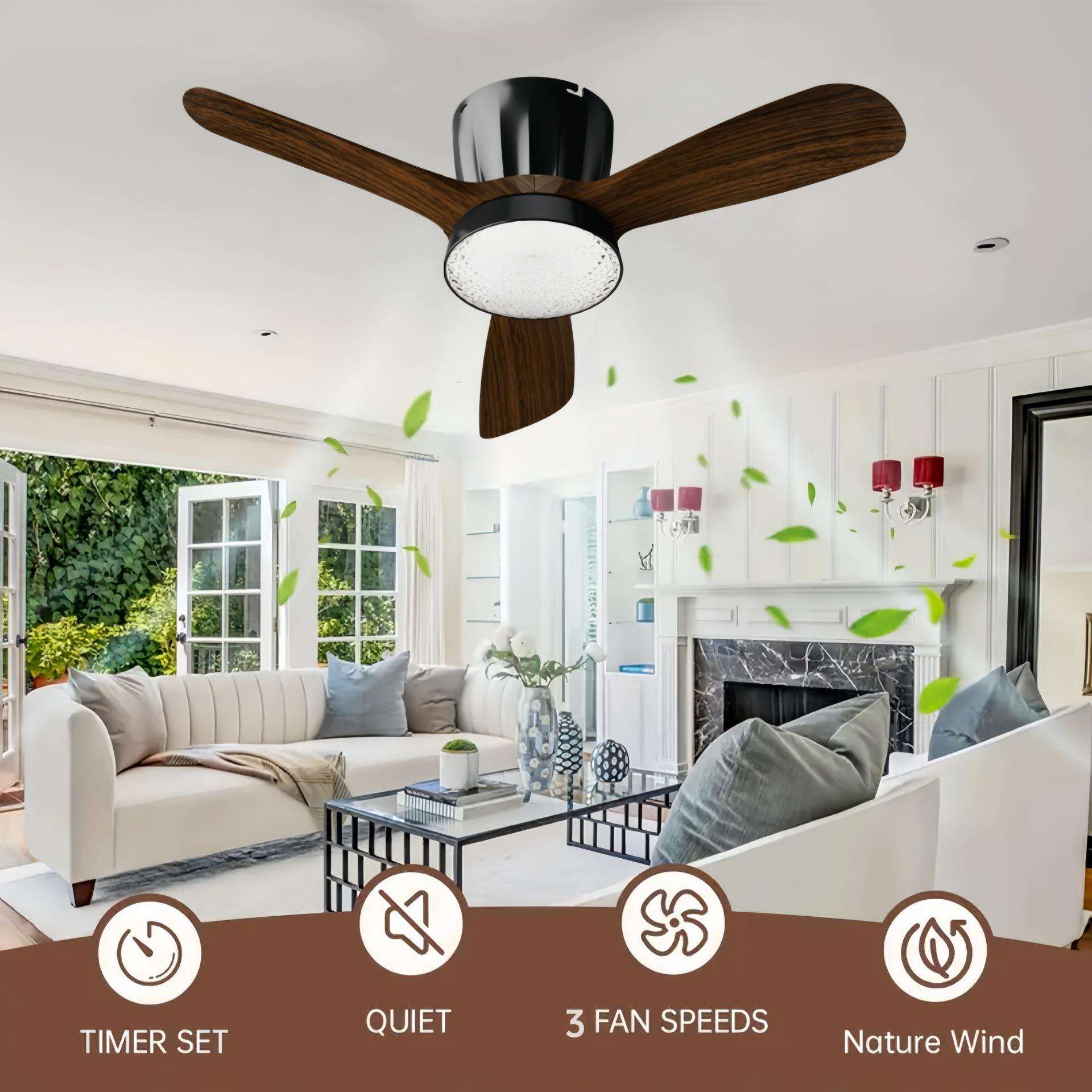 跨境风扇灯中古风木纹餐厅卧室客厅三叶吊扇灯吸顶大风力电扇