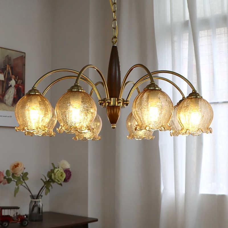 法式复古铜本色客厅吊灯中古南洋风卧室冰裂纹灯罩创意花朵餐厅灯