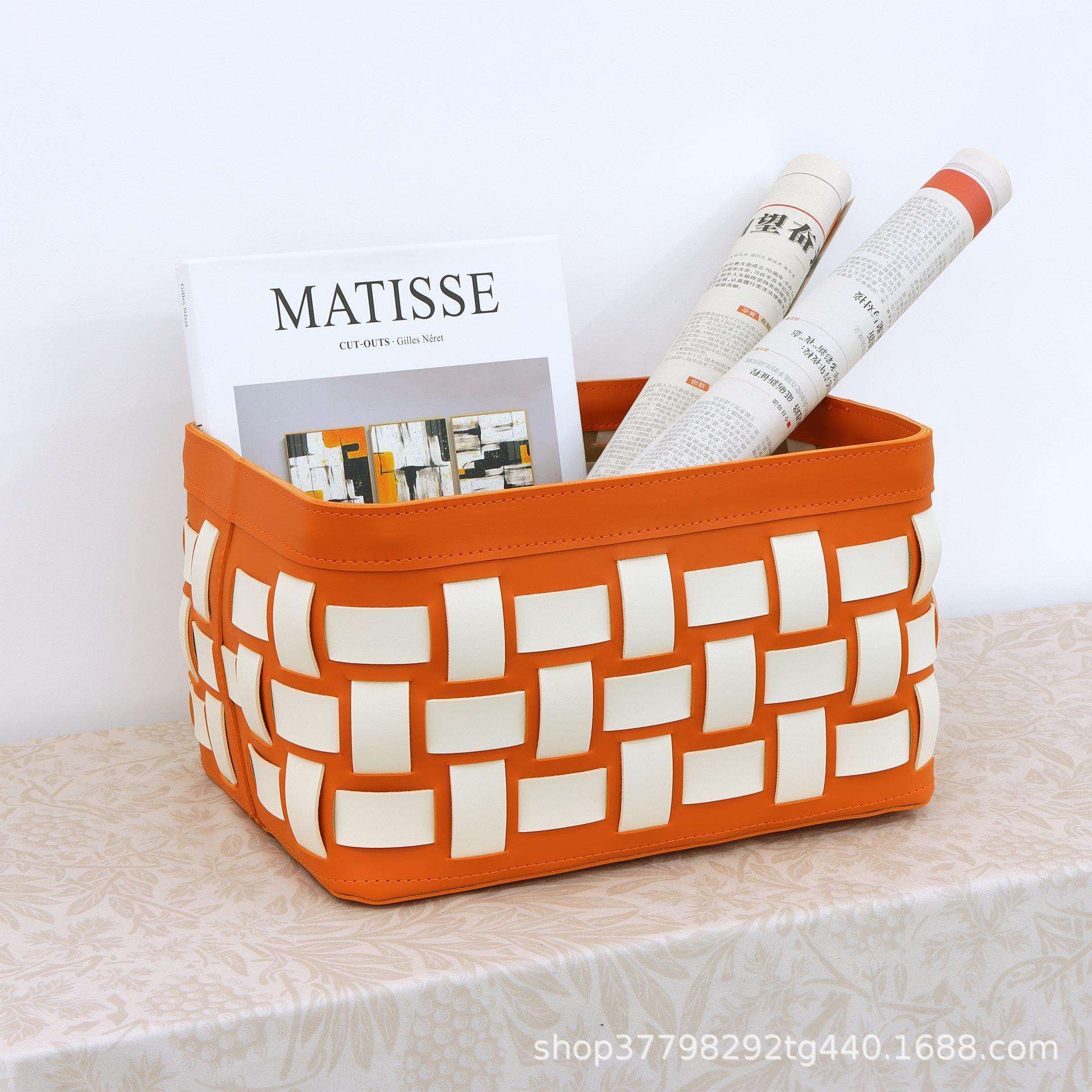 高档简约皮革手工编织家用杂物间玩具收纳筐轻奢卧室脏衣篮