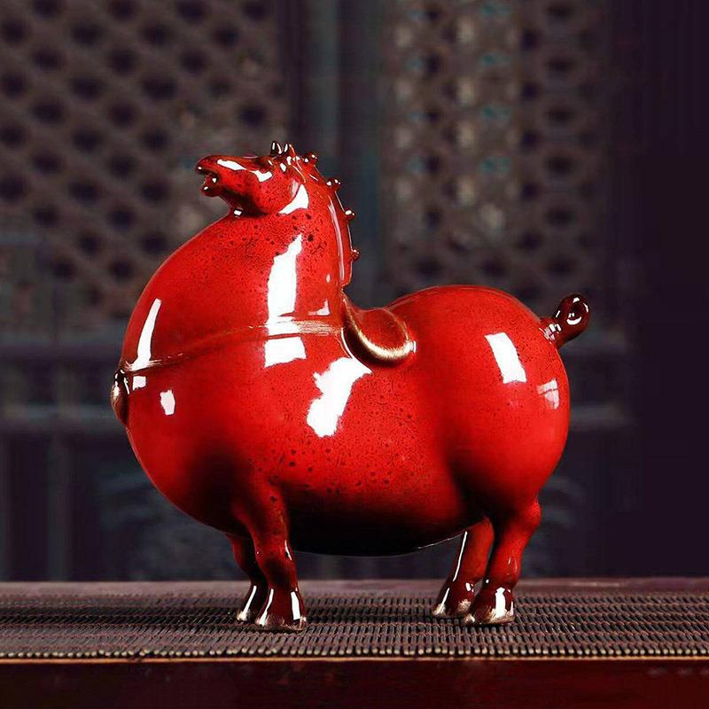 招财红色唐马摆件陶瓷家居客厅办公桌面酒柜装饰摆设瓷器马工艺品