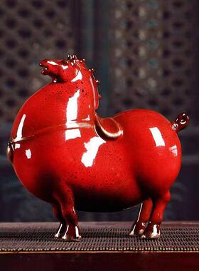 招财红色唐马摆件陶瓷家居客厅办公桌面酒柜装饰摆设瓷器马工艺品