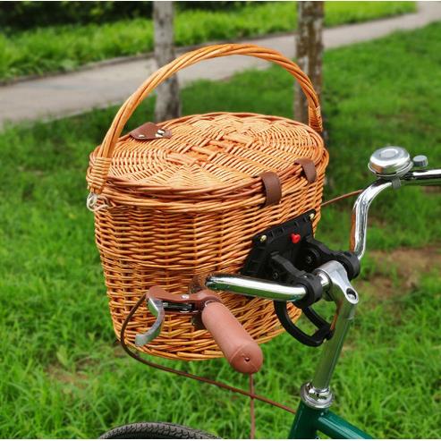 柳编车篮自行车带快拆带盖车篮柳编车篮收纳筐前置简易便捷宠物篮