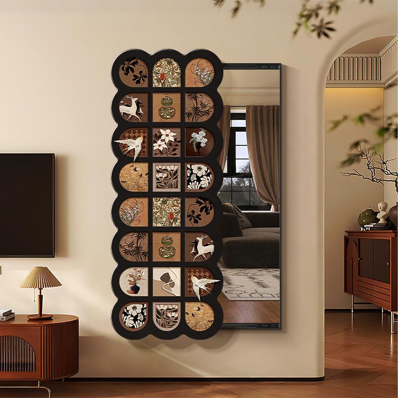 中古风隐藏式全身镜玄关装饰画复古暗藏式穿衣镜隐形推拉镜子挂画