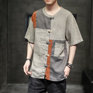 亚麻短袖衬衫男士夏季复古拼接中国风唐装大码棉麻休闲衬衣乞丐服