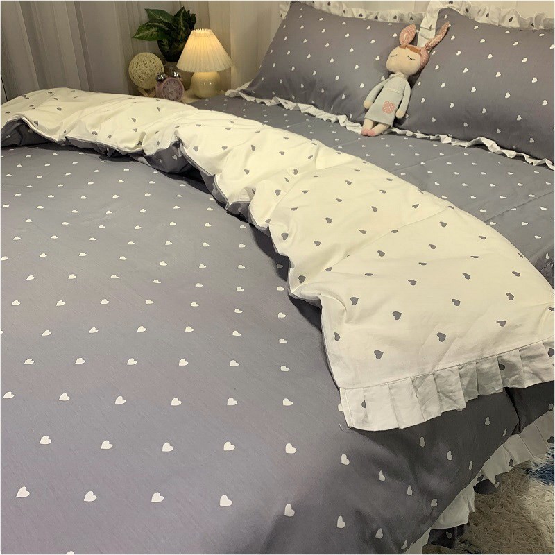韩版淑女公主风经典灰p爱心小清新全棉四件套纯棉床裙款床上用品