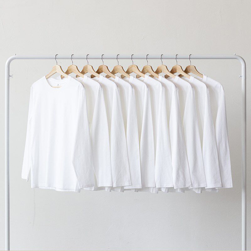 230克春秋款白色长袖T恤男 女内搭纯色打底衫圆领宽松纯棉白tee潮