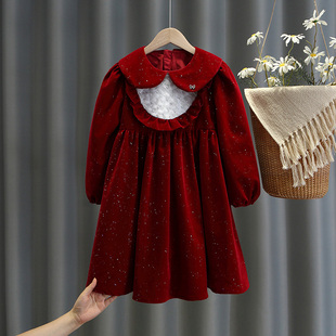 女童丝绒公主裙冬装儿童加厚礼服裙女孩气质高端大红色连衣裙大童