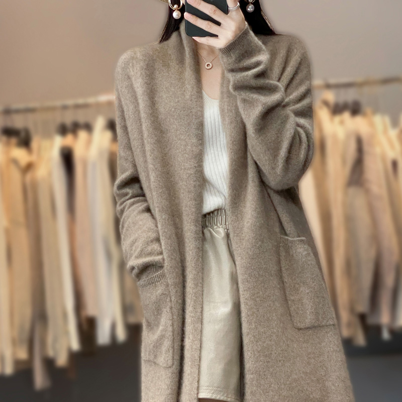 秋冬新款羊绒开h衫女V领纯色宽松外搭上衣中长款针织带兜羊毛外套