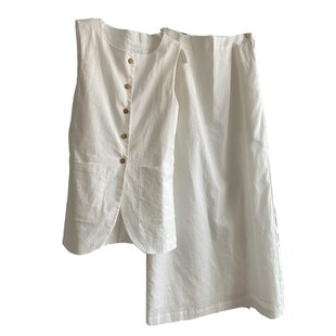 无袖 长款 马甲背心套装 新款 开叉半身裙两件套 女夏装 老钱风亚麻西装