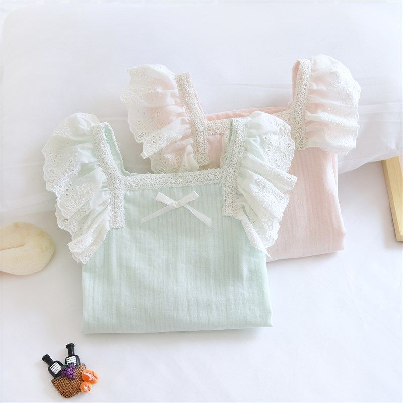 儿童春秋薄纯棉纱布女童家居服纯色大花边公主长袖睡衣亲子空调服