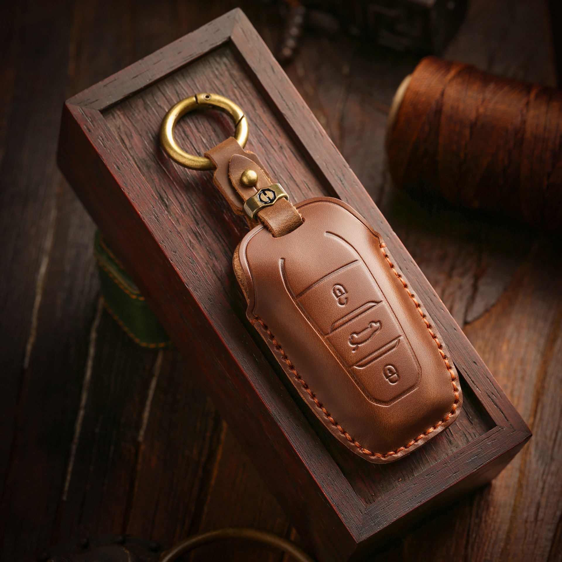 头层牛皮标致官方手工定制钥匙套