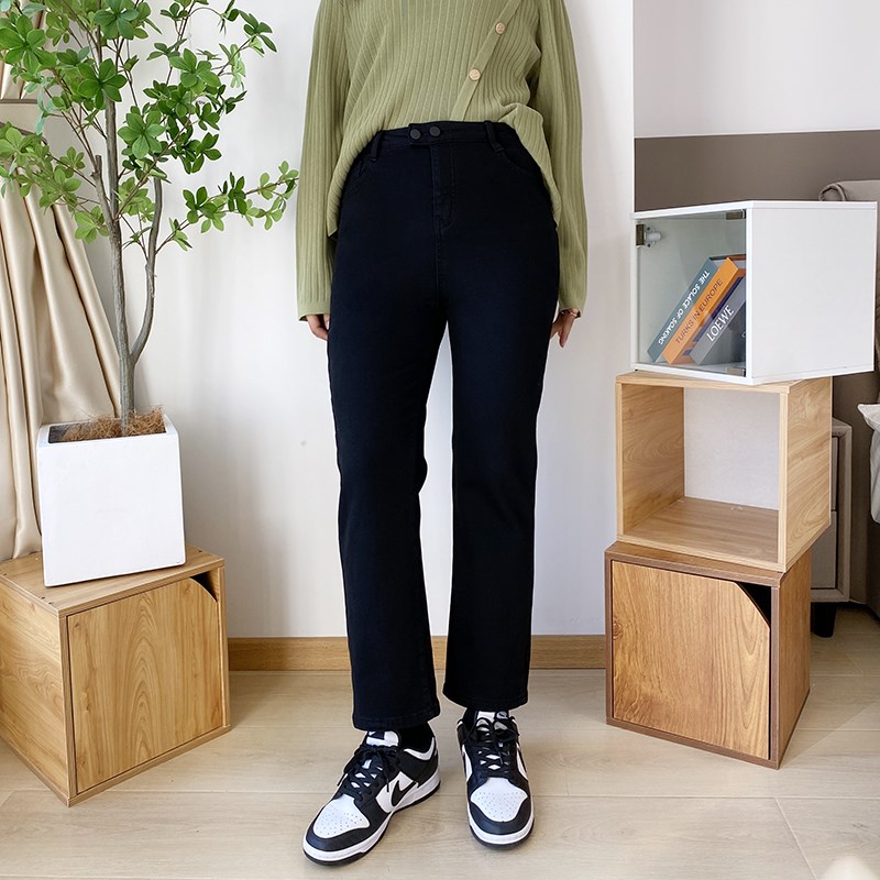 大码微胖加绒直筒牛仔裤女秋季法棍裤显瘦烟管裤胖mm秋装黑色裤子