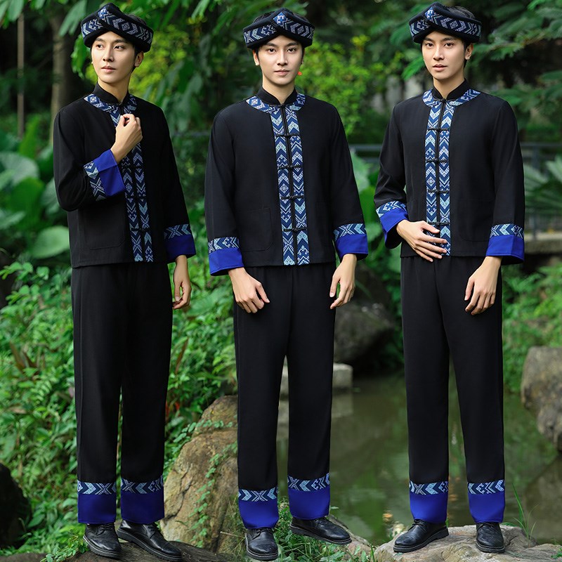 24新款黑色壮族服装男传统民族服饰儿童民族服舞蹈舞台表演服男士