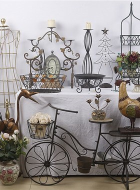 美式复古做旧铁艺花架烛台杂货摆件家居民宿花园户外庭院装饰道具