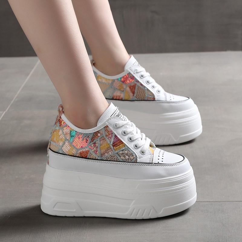 网面透气厚底松糕小白鞋2024夏季超高跟内增高12CM民族风系带网鞋