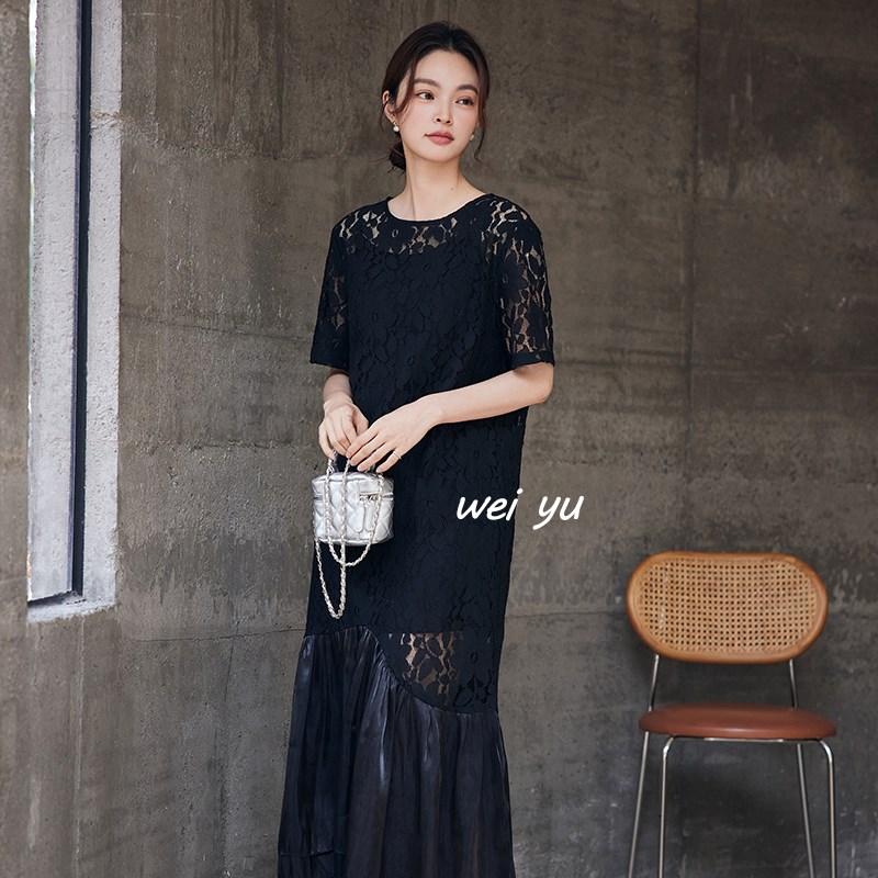 薇语大码女装夏日多巴胺法式茶歇气质连衣裙2025新款镂空拼接裙子