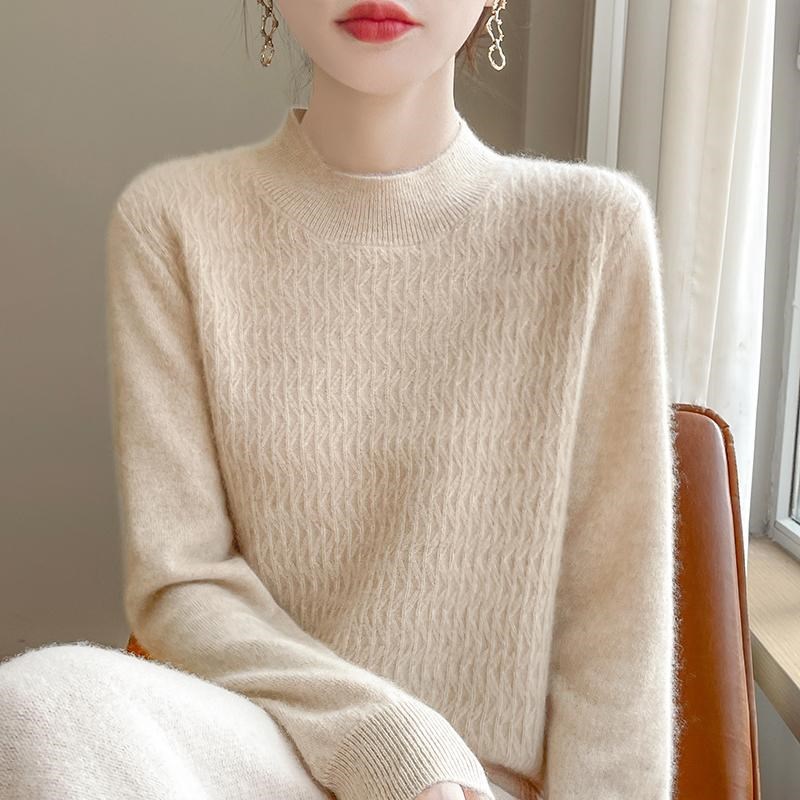 100纯羊绒衫女半高p领绞花加厚针织毛衣宽松百搭套头羊毛打底上