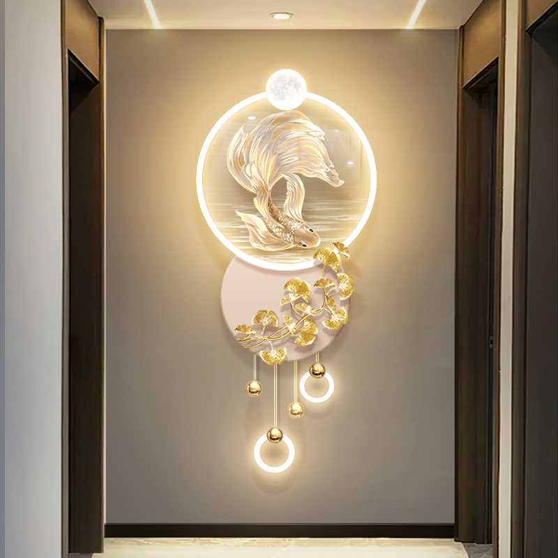 锦鲤玄关装饰画过道走廊轻奢高档leFd氛围感银杏叶立体壁灯寓意好