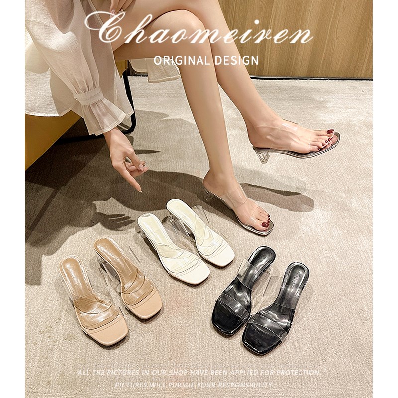 拖鞋女夏外穿2025新款透明凉鞋粗跟水晶高跟鞋仙女风一字带凉拖鞋