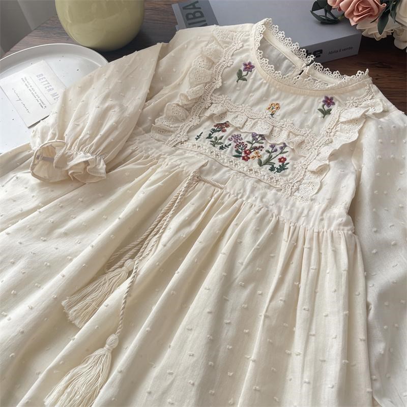 2025春季女童森系圆点提花花朵刺绣长裙儿童长袖连衣裙宝宝裙子女