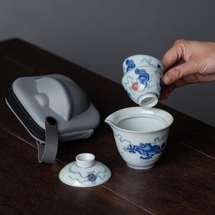青瓷如水 功夫茶具 青花手抓壶茶壶过滤陶瓷便携式 旅行茶具便携式