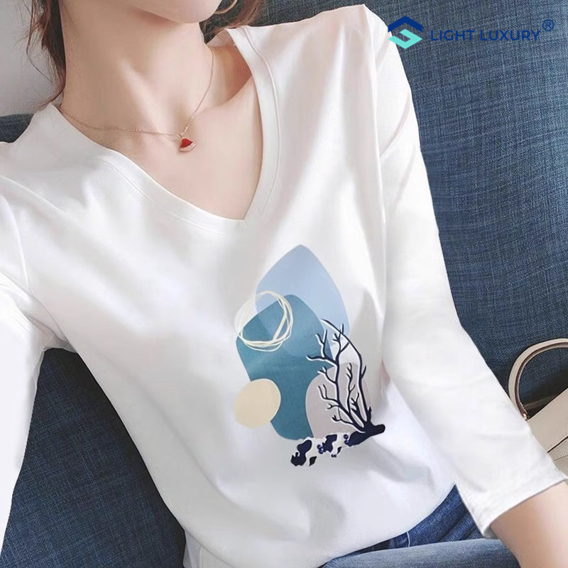 V领长袖T恤女2025春秋新款宽松显瘦白色纯棉体恤内搭打底衫上衣潮