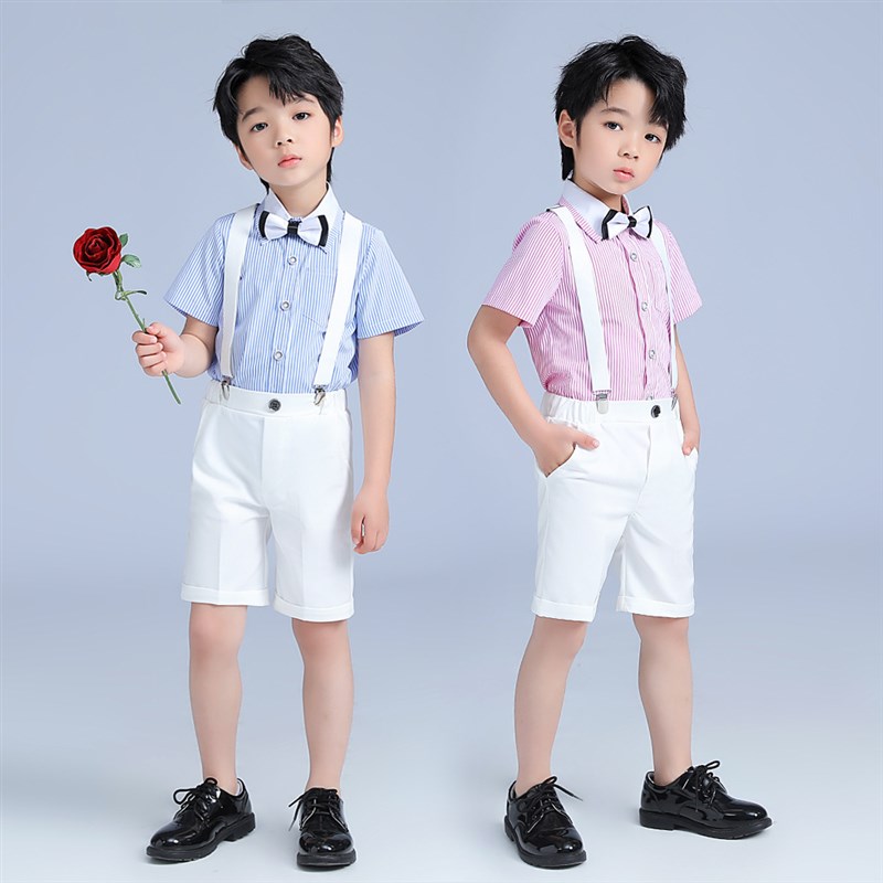 男童礼服夏季西装套装短袖衬衫背带裤套装儿童生日V花童主持演出