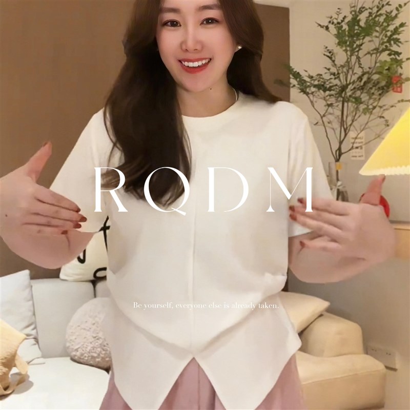 大码女装202h5夏季新款胖妹妹设计感圆领收腰显瘦正肩短袖T恤上衣