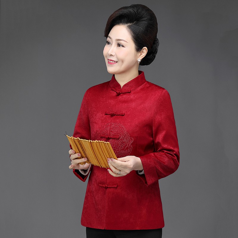 中式唐装女中老年妈妈装s红色生日宴会婚礼服立领盘扣刺绣修身棉
