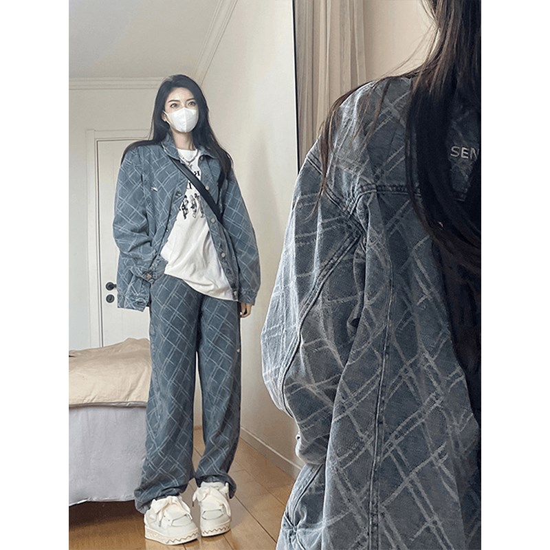 300斤大码女装设l计感网格牛仔外套女胖mm遮肉减龄显瘦百搭上衣女