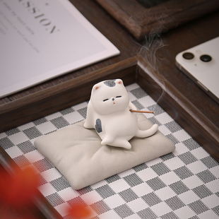 线香底座可爱猫咪香插香座陶瓷摆件香炉线香托盘室内香薰创意礼物