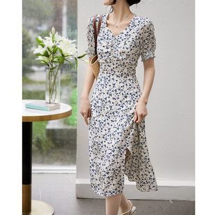 高定真丝亲肤里布泡泡袖法式碎花桔梗桑蚕丝连衣裙女装长裙子夏季