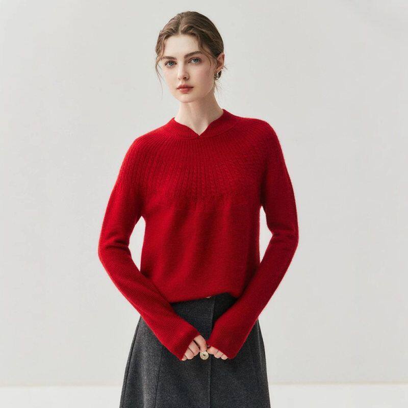 蒙亿2025秋冬新品女士国风立领麻花内搭山羊绒针织宽松保暖打底衫