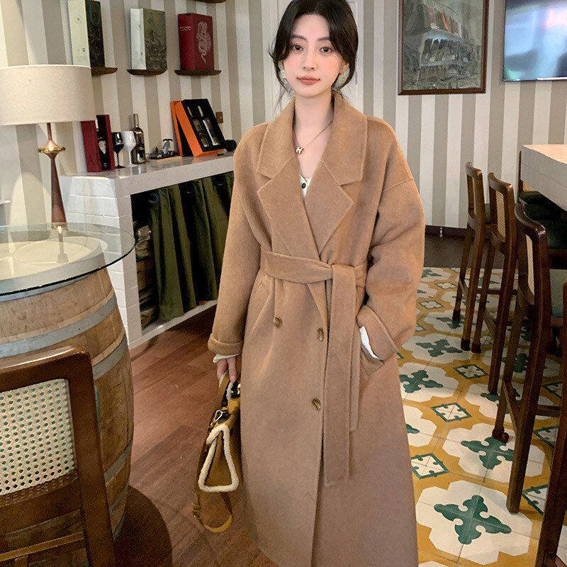 美拉德风格感西装领卷袖双排扣女系带双面羊驼绒大衣秋冬毛呢外套