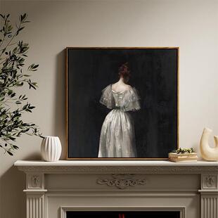 美式白裙背影女孩油画高级感沙发挂画背景法式艺术轻奢高级装饰画