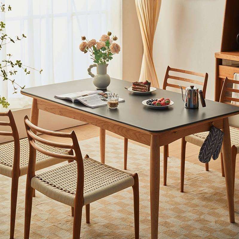 杰森餐桌纯白黑色实木岩板饭桌子家用小户型樱桃木餐桌椅现代简约