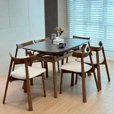 伸缩岩板实木餐桌家用小户型可变圆桌现代简约轻奢方圆两用餐桌