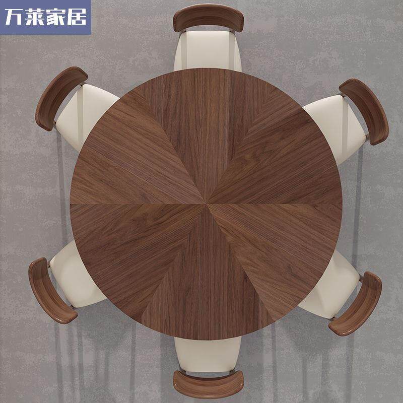 复古实木圆餐桌椅组合家用小户型带转盘圆形饭桌黑胡桃木圆桌子