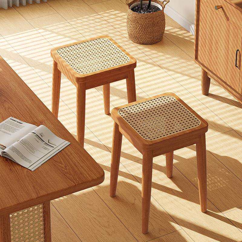 实木藤编凳子家用可叠放中古方凳餐桌板凳备用透气餐凳简约高椅子