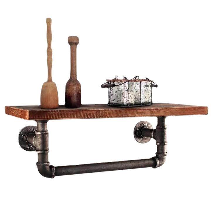 铁艺浴室置物架墙上水管壁挂毛巾架多功能木质隔板置物架